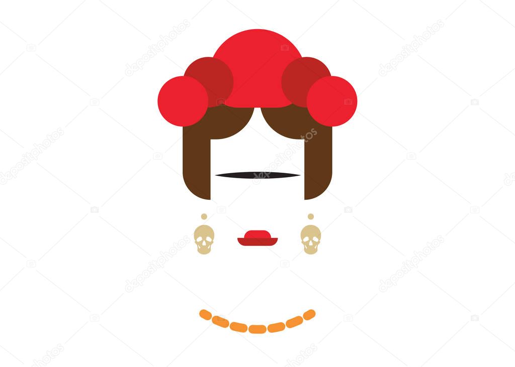 stylized portrait of Mexican woman with earrings skulls, Frida Kahlo inspiration, Vector isolated