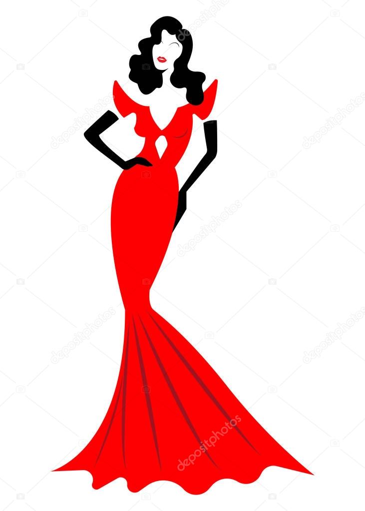 Diva Hollywood silhouette, Beautiful retro fashion woman in red party dress, luxury pret a porter evening dress, vector isolated