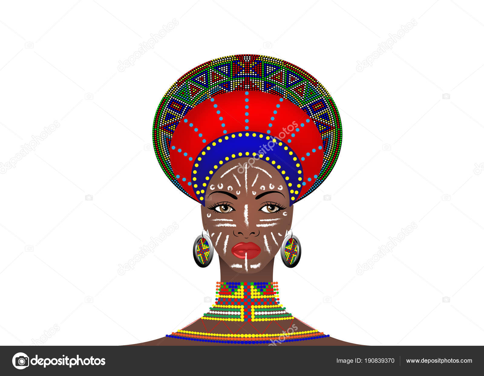 pave Bidrag Ensomhed Afrikanske stamme hovedbeklædning Kvinde Zulu, portræt af sød sydafrikansk  kvinde. Typisk tøj til gifte kvinder, ung pige af Bantu nation. Afro tribal  malet ansigt med etniske smykker. Vektorisoleret eller hvid baggrund Stock
