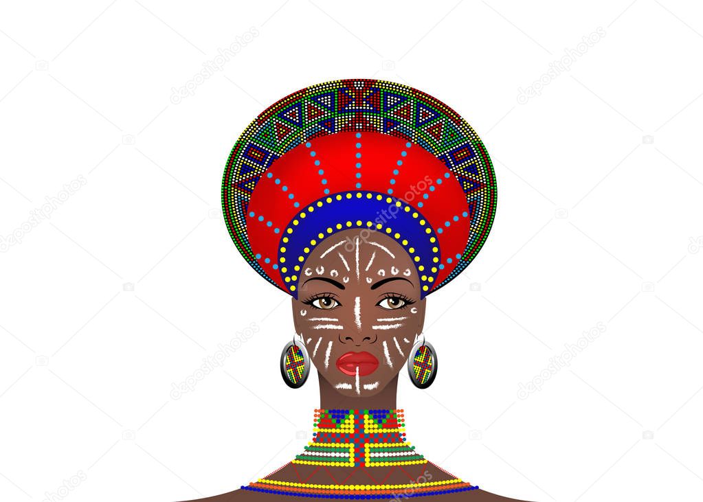 African Tribe Headdress Female Zulu, portrait of cute south african woman. Typical clothing for married women, young girl of Bantu nation. Afro tribal painted face with ethnic jewelry. Vector isolated or white background 