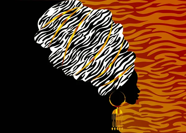 Retrato bela mulher africana em turbante tradicional, Kente cabeça envoltório Africano, Impressão dashiki tradicional, preto afro mulheres silhueta vetorial com batik tradicional, fundo tigre zebra étnica —  Vetores de Stock