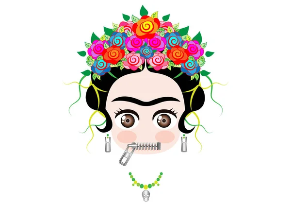 Emoji bebé Frida Kahlo con corona y de flores de colores, cremallera cara de la boca Emoji, vector aislado — Vector de stock