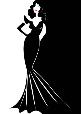 Diva Hollywood silueti, Beautiful retro moda kadın siyah parti elbise, lüks pret porter Abiye, izole vektör