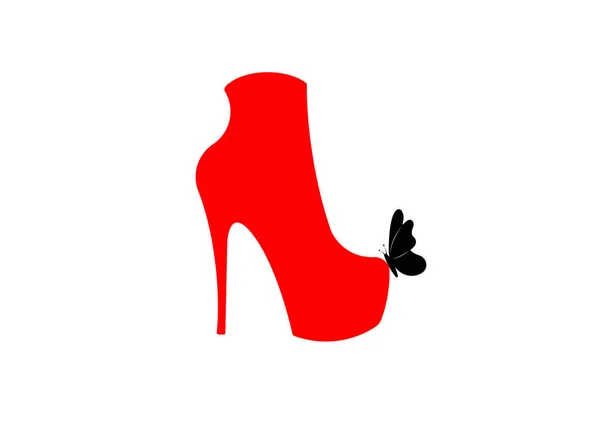 Logo Schuhgeschäft, Geschäft, Modekollektion, Boutique-Label. Design des Firmenlogos. rote Schuhe mit sehr hohem Absatz mit schwarzem Schmetterling, Vektor isoliert oder weißem Hintergrund — Stockvektor