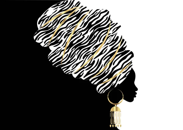 Portré gyönyörű afrikai nő hagyományos turbán, Endre fejkendő hordására afrikai, hagyományos dashiki nyomtatás, fekete afro nők vektor sziluett etnikai zebra textúra, vektor batikolt háttér — Stock Vector