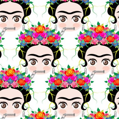 Arka plan karikatür Emoji bebeğim Frida Kahlo taç ve rengârenk çiçekler, fermuar ağız yüz Emoji, vektör çizim 