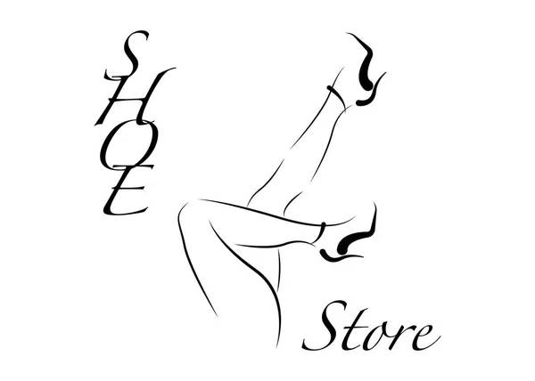 Logo chaussures magasin, magasin, collection de mode, étiquette de boutique. Conception du logo de l'entreprise. Chaussure à talons hauts noire avec texte, dessin de jambes sexy, vecteur isolé — Image vectorielle