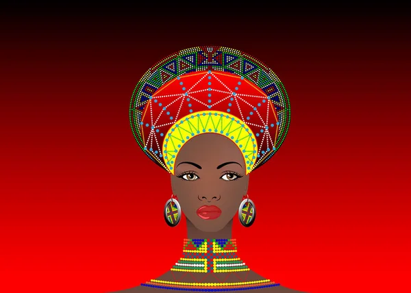 African Tribe Clothes Female Zulu, portrait d'une femme sud-africaine mignonne. Vêtements typiques pour femmes mariées, jeune fille de la nation bantoue. Chapeau afro avec boucles d'oreilles ethniques, collier. isolat ou rouge — Image vectorielle