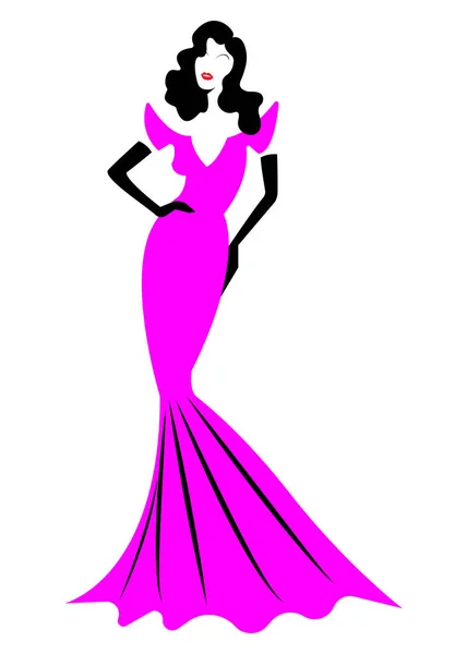 Diva silueta de Hollywood, hermosa mujer de moda retro en vestido de fiesta rosa, vestido de noche de lujo pret un portero, vector aislado — Vector de stock