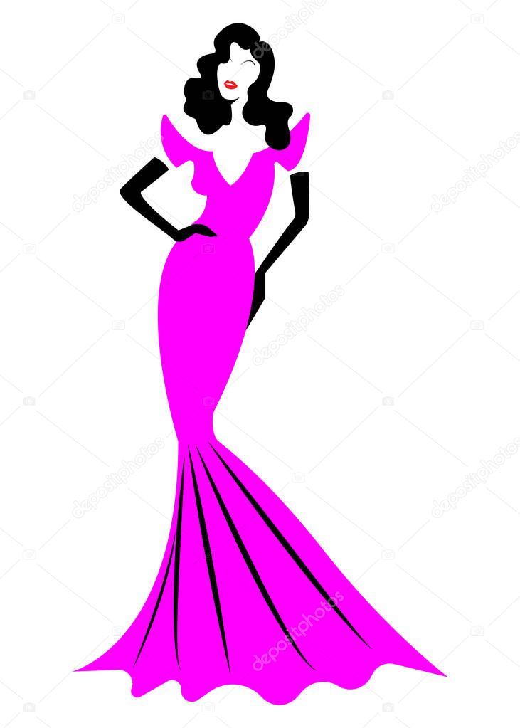 Diva Hollywood silhouette, Beautiful retro fashion woman in pink party dress, luxury pret a porter evening dress, vector isolated