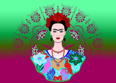 Frida Kahlo vektör portre, geleneksel bir saç modeli ile genç güzel bir Meksikalı kadın. Taç kırmızı çiçekler, Meksika el sanatları takı ve elbise, vektör mandala arka plan dekore edilmiştir. 