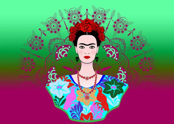 Φρίντα Κάλο διάνυσμα πορτρέτο, νεαρή όμορφη Μεξικού γυναίκα με ένα παραδοσιακό χτένισμα. Στεφάνι από κόκκινα λουλούδια, Μεξικού και χειροτεχνία κόσμημα και φόρεμα, διάνυσμα διακοσμημένα μάνταλα φόντο — Διανυσματικό Αρχείο