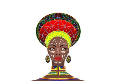 African Tribe Headdress Female Zulu, portrait of cute south african woman. Typical clothing for married women, young girl of Bantu nation. Afro tribal painted face with ethnic jewelry. Vector isolated or white background  clipart
