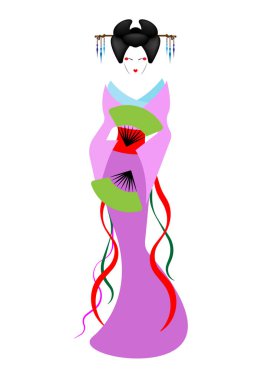 Japon ya da Asyalı kız, Japon kimono, Madam kelebek stili ile geleneksel tarzda portresi. Geleneksel geyşa renkli kostüm Kimono, geleneksel kıyafet, saten etnik giyim. Yalıtan veya beyaz arka plan vektör 