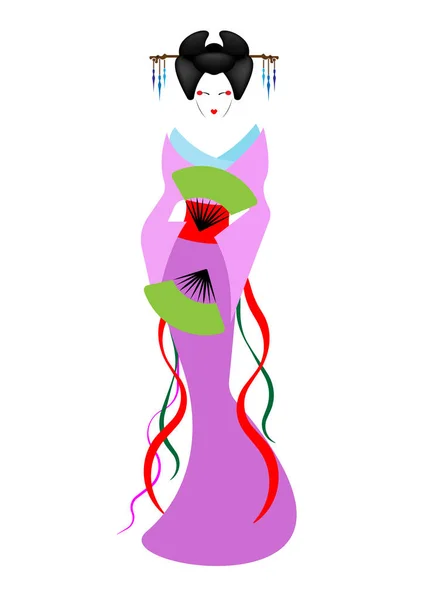 Retrato de chica japonesa o asiática, estilo tradicional con kimono japonés, estilo mariposa madama. Traje colorido geisha tradicional Kimono, vestido tradicional, ropa étnica de satén. Vector aislado o fondo blanco — Vector de stock