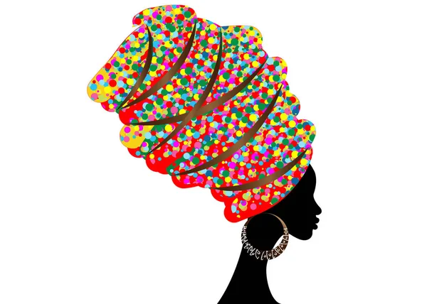 Retrato bela mulher africana em turbante tradicional, Kente cabeça envoltório Africano, impressão dashiki, preto afro mulheres silhueta vetorial com brinco de osso Africano. Decoração colorida, Vector isolado — Vetor de Stock