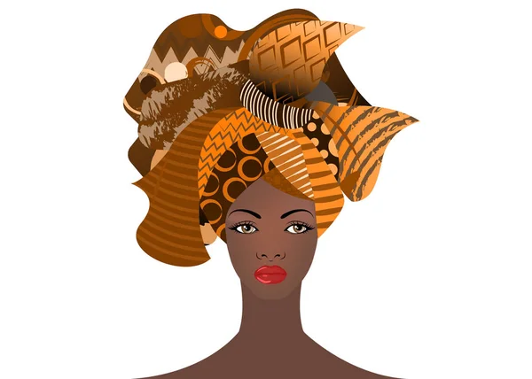 Porträt der jungen Afrikanerin mit buntem Turban. wickeln Afro-Mode, Ankara, Kente, Kitenge, afrikanische Frauenkleider. nigerianischen Stil, ghanaische Mode mit tierischer Textur. Vektor isoliert oder weiß — Stockvektor