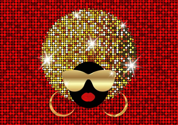 Porträt afrikanischer Frauen, dunkelhäutiges weibliches Gesicht mit glänzendem Afro-Haar und goldener Metallsonnenbrille in traditionellem ethnisch goldenem Turban, Frisurenkonzept, Cover für schwarze Musik, Disco, Schönheitsveranstaltungen — Stockvektor