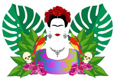 Frida Kahlo ve papağan, vektör portre izole ve çiçek yeşil arka plan 