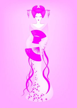 Japon ya da Asyalı kız, Japon kimono, Madam kelebek stili ile geleneksel tarzda portresi. Geleneksel kıyafet geyşa saten etnik giyim. Anime geyşa Manga tarzı vektör pembe renk arka plan