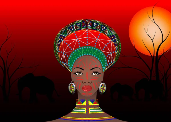 African Tribe Clothes Female Zulu, portrait de la jolie femme sud-africaine de la nation bantoue. Typique coiffe afro avec boucles d'oreilles ethniques et collier. Vecteur isolé ou africain style batik coucher de soleil, Afrique Savane fond — Image vectorielle