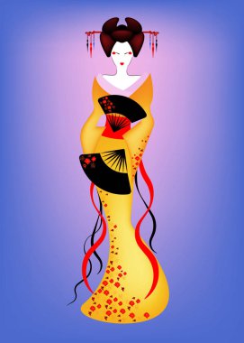 Japon ya da Asyalı kız, Japon kimono, Madam kelebek stili ile geleneksel tarzda portresi. Geleneksel geyşa renkli kostüm Kimono, geleneksel kıyafet, saten etnik giyim. Vektör anime 