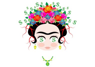 Frida kahlo çizgi film, Emoji bebek Frida Doları para ifade portre renkli çiçeklerin taç vektör izole ile 