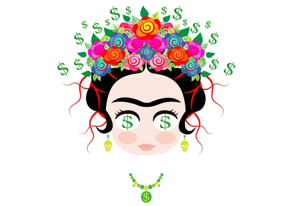 Frida kahlo dibujos animados, Emoji bebé Frida Dollar Money Emoticon retrato con corona de flores de colores, vector aislado — Vector de stock