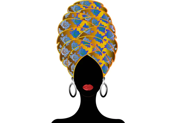 Портрет молодой черной женщины в тюрбане. Африканская красота. Векторная цветная иллюстрация изолирована на белом фоне. Традиционная африканская обертка для головы Кента. Печать, плакат, футболка, открытка . — стоковый вектор