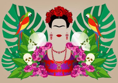 Frida Kahlo ve papağan, kafatasları. Vektör portre izole ve çiçek yeşil arka plan 
