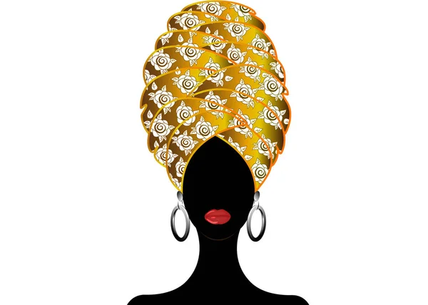 Retrato da jovem negra em um turbante. Animação beleza africana. Ilustração de cor vetorial isolada em fundo branco. Cabeça tradicional de Kente embrulhar Africano. Impressão, cartaz, t-shirt, cartão. Cachecol de padrão floral —  Vetores de Stock