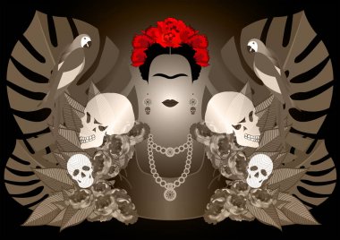 Papağan ve kafatasları ile Frida Kahlo portre. Dia de los muertos. Ölülerin günü. Vektör portre ve çiçek tek renkli arka plan 