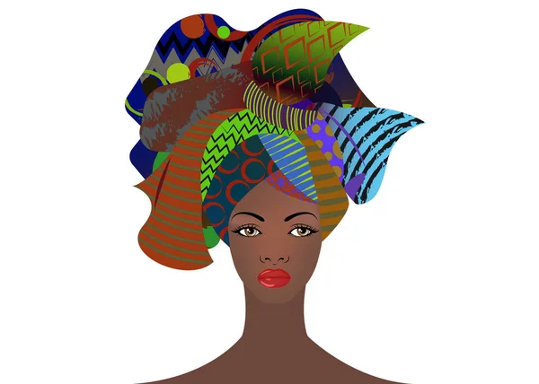 Retrato da jovem mulher africana turbante colorido. Envolva Afro moda, Ancara, Kente, kitenge, vestidos de mulheres africanas. Estilo nigeriano, moda ganesa com textura grunge. Vetor isolado ou branco — Vetor de Stock