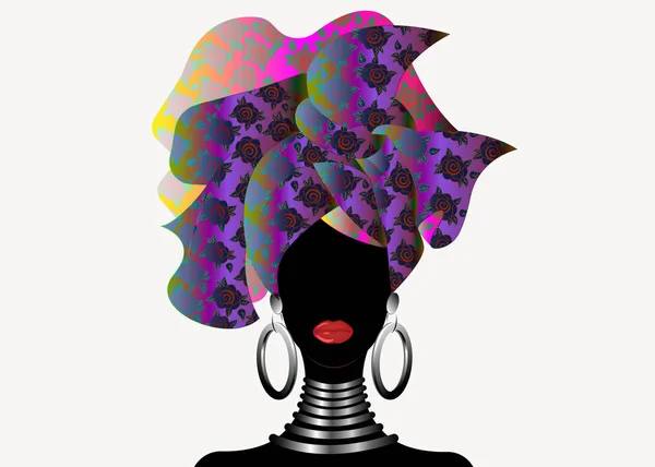 Portrait de la jeune femme noire en turban. Animation Beauté africaine. Illustration vectorielle en couleur isolée sur fond blanc. Tête traditionnelle kente envelopper africaine. Imprimer, poster, t-shirt, carte. Foulard motif floral — Image vectorielle