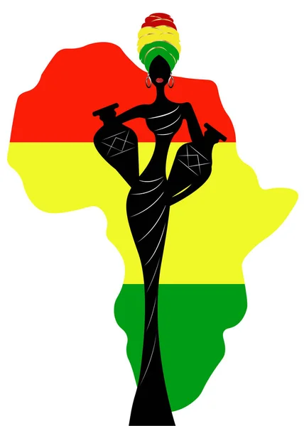 Lunga silhouette di una bellissima donna africana con turbante e anfore. Tradizionale testa Kente avvolgere africano, foulard testa colorata. Illustrazione vettoriale isolata su uno sfondo di un'icona a colori africana — Vettoriale Stock