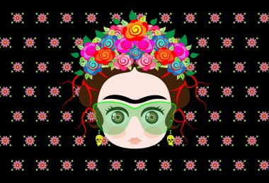 Emoji taç renkli çiçekler ve gözlük, Frida Kahlo bebekle vektör izole veya yeşil çiçek arka plan 