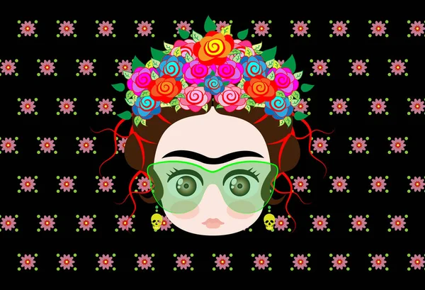 Μωρό emoji Φρίντα Κάλο με στεφάνι από πολύχρωμα λουλούδια και τα γυαλιά, διάνυσμα φόντο απομονωμένες ή πράσινα λουλούδια — Διανυσματικό Αρχείο