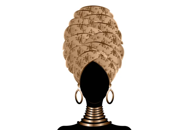 Портрет молодой черной женщины в тюрбане. Африканская красота. Векторная цветная иллюстрация изолирована на белом фоне. Традиционная африканская обертка для головы Кента. Печать, плакат, футболка, открытка. Цветочный платок — стоковый вектор