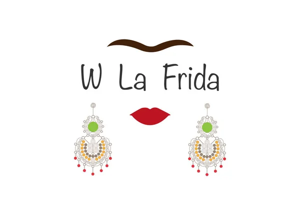 Φρίντα Κάλο διάνυσμα πορτρέτο, νεαρή όμορφη Μεξικού γυναίκα με ένα παραδοσιακό μεξικάνικο χειροτεχνία κόσμημα σκουλαρικιών, με κείμενο: W La Frida, διάνυσμα απομονωμένες — Διανυσματικό Αρχείο