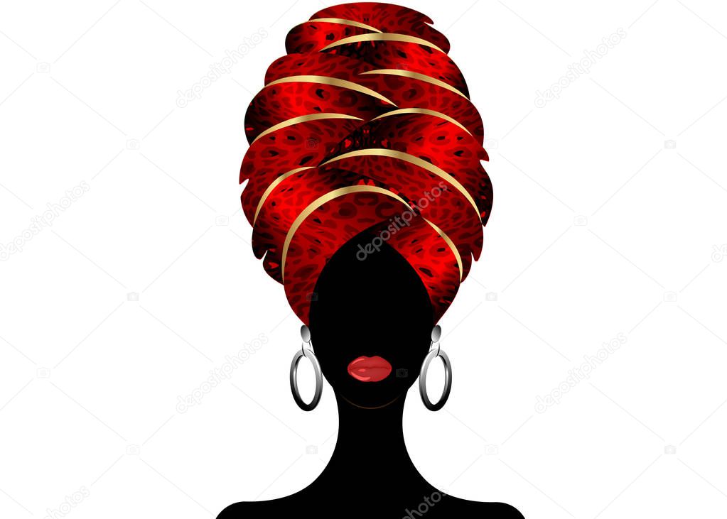 Portrait of the young black woman in a turban. Animation African beauty. Vector color illustration isolated on a white background. Traditional Kente head wrap African. Red color pattern headscarf. For Print, poster, t-shirt, card.