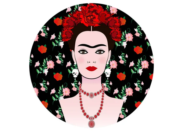 Frida Kahlo vector portrait , young beautiful mexican woman with a traditional hairstyle,  Mexican crafts jewelry and earrings skulls, floral background, diadem vector isolated — Stock Vector