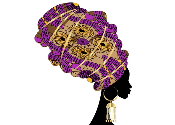Retrato hermosa mujer africana en turbante tradicional, Kente cabeza envoltura africana, impresión dashiki tradicional, silueta vectorial mujeres negras aisladas con pendientes de oro tradicionales, concepto de peinado — Vector de stock