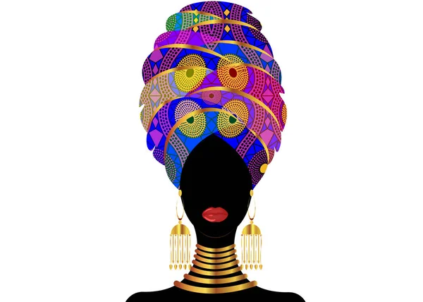 Retrato de la joven negra con turbante. Animación belleza africana. Ilustración a color vectorial aislada sobre fondo blanco. Tradicional Kente cabeza envoltura africana. Ankara Tela Pañuelo étnico para la cabeza — Archivo Imágenes Vectoriales