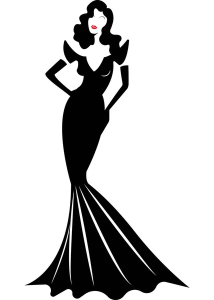 로고 패션 여자, 검은 실루엣 디바 쇼핑. 회사 로고 디자인, 아름 다운 럭셔리 표지 복고풍 여자 블랙 드레스 스타일링와 이브닝 드레스 1940 년대, 1950 년대, 절연 벡터 블랙 — 스톡 벡터
