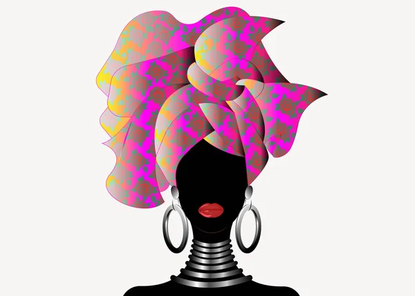 Portrait of the young black woman in a turban. Animation African beauty. Vector color illustration isolated on a white background. Traditional Kente head wrap African. Print, poster, t-shirt, card. Floral pattern headscarf — Stock Vector