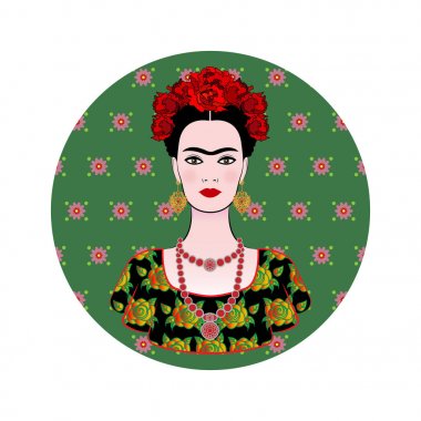 Frida Kahlo vektör portre, geleneksel bir saç modeli, Meksika el sanatları takı küpe ve kolye, çiçek arka plan, genç güzel bir Meksikalı kadın izole vektör diadem 