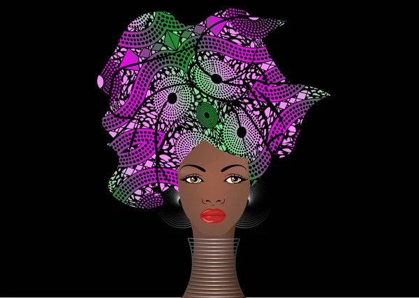 Portrait de la jeune femme africaine turban coloré. Wrap Afro fashion, Ankara, Kente, kitenge, robes de femmes africaines. Style nigérian, mode ghanéenne avec texture grunge. Illustration vectorielle — Image vectorielle