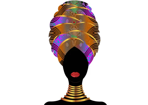 Retrato da jovem negra em um turbante. Animação beleza africana. Ilustração de cor vetorial isolada em fundo branco. Cabeça tradicional de Kente embrulhar Africano. Tecido Ancara Lenço de cabeça étnico — Vetor de Stock