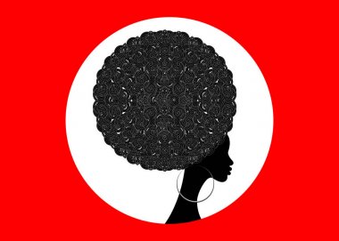 portre Afrikalı kadınlar siluet, afro etnik geleneksel kıvırcık, saç stili tasarım konsepti ile güzellik salonları, spa, kozmetik, güzellik ve moda endüstrisi için koyu tenli kadın yüzü. Yalıtan veya kırmızı