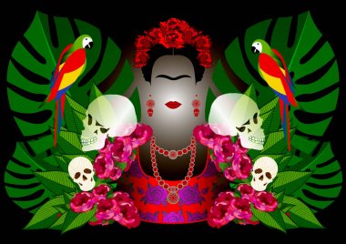 Papağan ve kafatasları ile Frida Kahlo portre. Dia de los muertos. Ölülerin günü. Vektör portre ve çiçek siyah koyu arka plan 